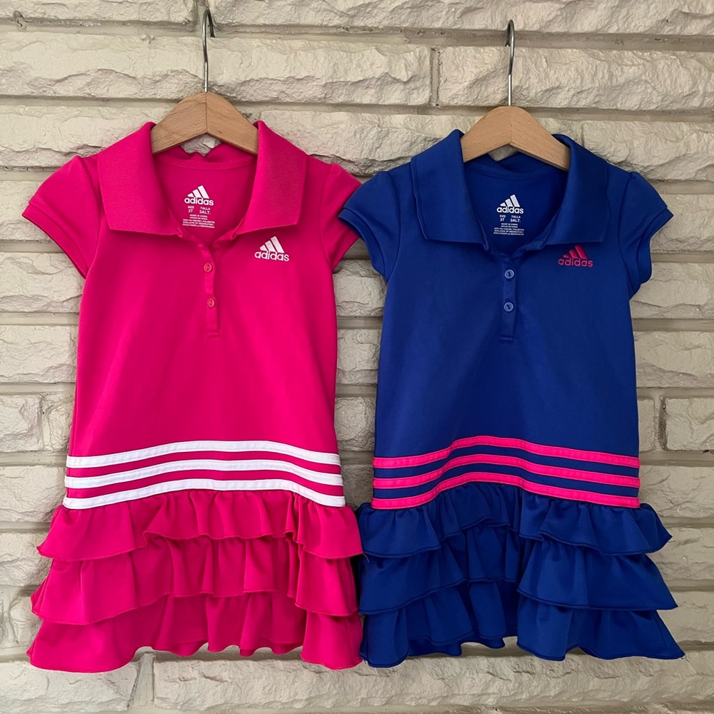 x2 Adidas Girls Purple/Pink & Hot Pink/White Tennis Dress Polo Youth Size 3T